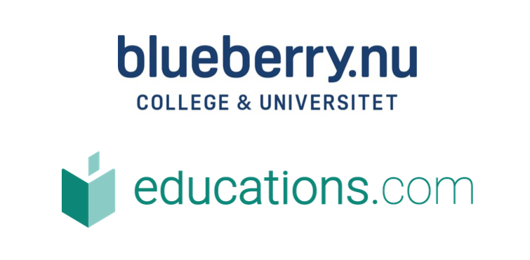 blueberry.nu logo in dark blue letters over a smaller educations.com logo in teal green on white background 